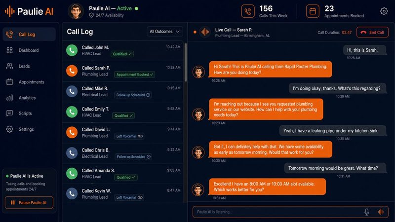 Paulie AI Interface — Live call log and conversation transcript